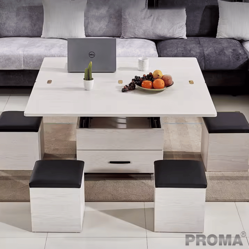 [Pre-order] โต๊ะกลางมัลติฟังก์ชันพับได้ 3in1 พร้อมเก้าอี้สตูล 4ตัว PROMA-CTB-11 สีขาว_1