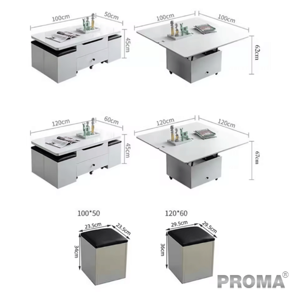 [Pre-order] โต๊ะกลางมัลติฟังก์ชันพับได้ 3in1 พร้อมเก้าอี้สตูล 4ตัว PROMA-CTB-11 สีขาว_5