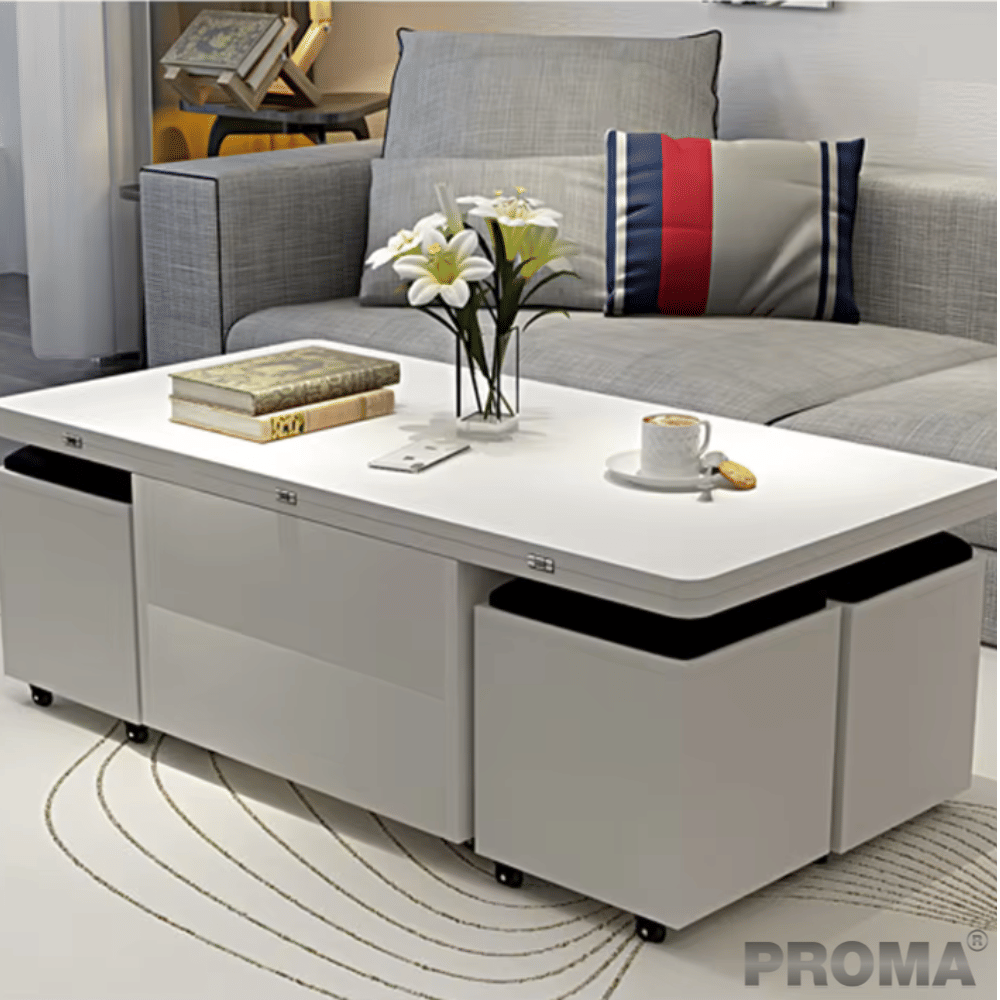 [Pre-order] โต๊ะกลางมัลติฟังก์ชันพับได้ 3in1 พร้อมเก้าอี้สตูล 4ตัว PROMA-CTB-11 สีขาว_6