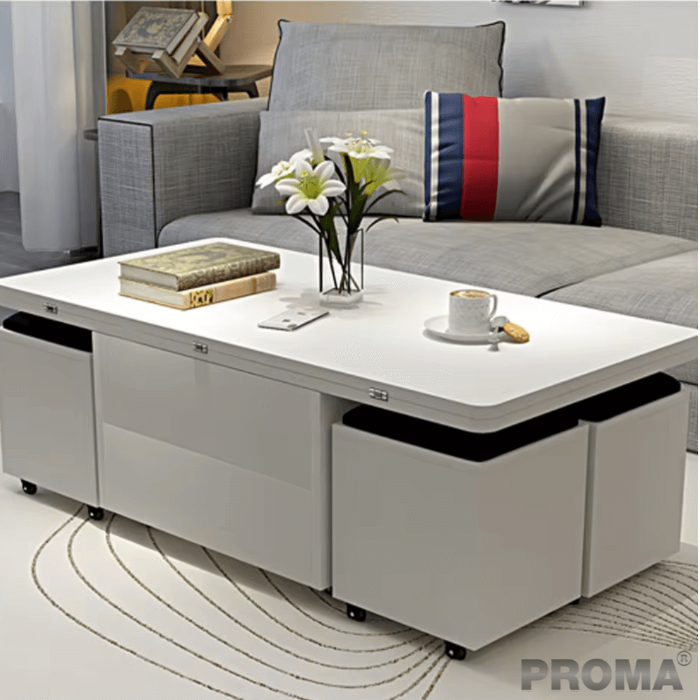 [Pre-order] โต๊ะกลางมัลติฟังก์ชันพับได้ 3in1 พร้อมเก้าอี้สตูล 4ตัว PROMA-CTB-11 สีขาว_1