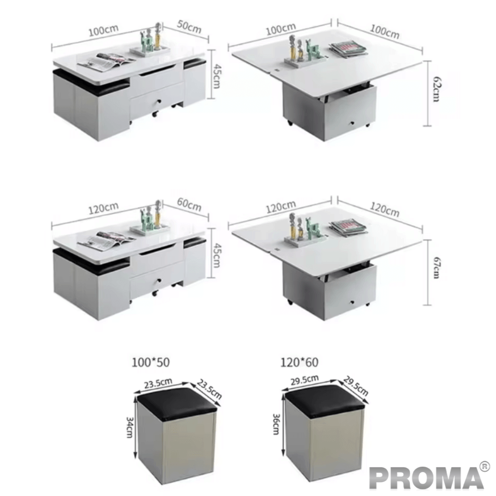 [Pre-order] โต๊ะกลางมัลติฟังก์ชันพับได้ 3in1 พร้อมเก้าอี้สตูล 4ตัว PROMA-CTB-11 สีขาว_3
