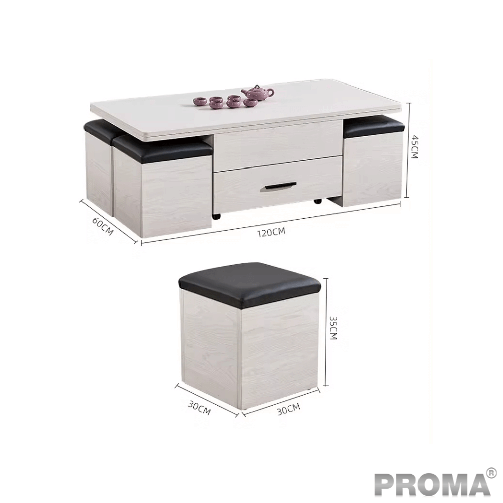 [Pre-order] โต๊ะกลางมัลติฟังก์ชันพับได้ 3in1 พร้อมเก้าอี้สตูล 4ตัว PROMA-CTB-11 สีขาว_4