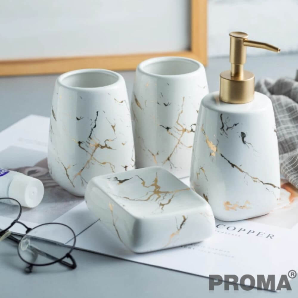 อุปกรณ์ห้องน้ำเซรามิกชุด 5 ชิ้น ลายหินอ่อน PROMA-WS09 สีขาว_4