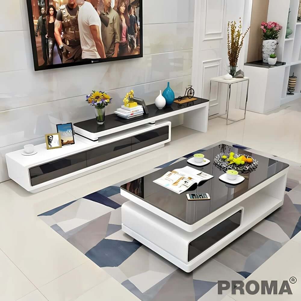 [Pre-order] ชั้นวางทีวี ท็อปกระจกสีดำ Proma-TVS-08-02 สีดำ/ขาว_5