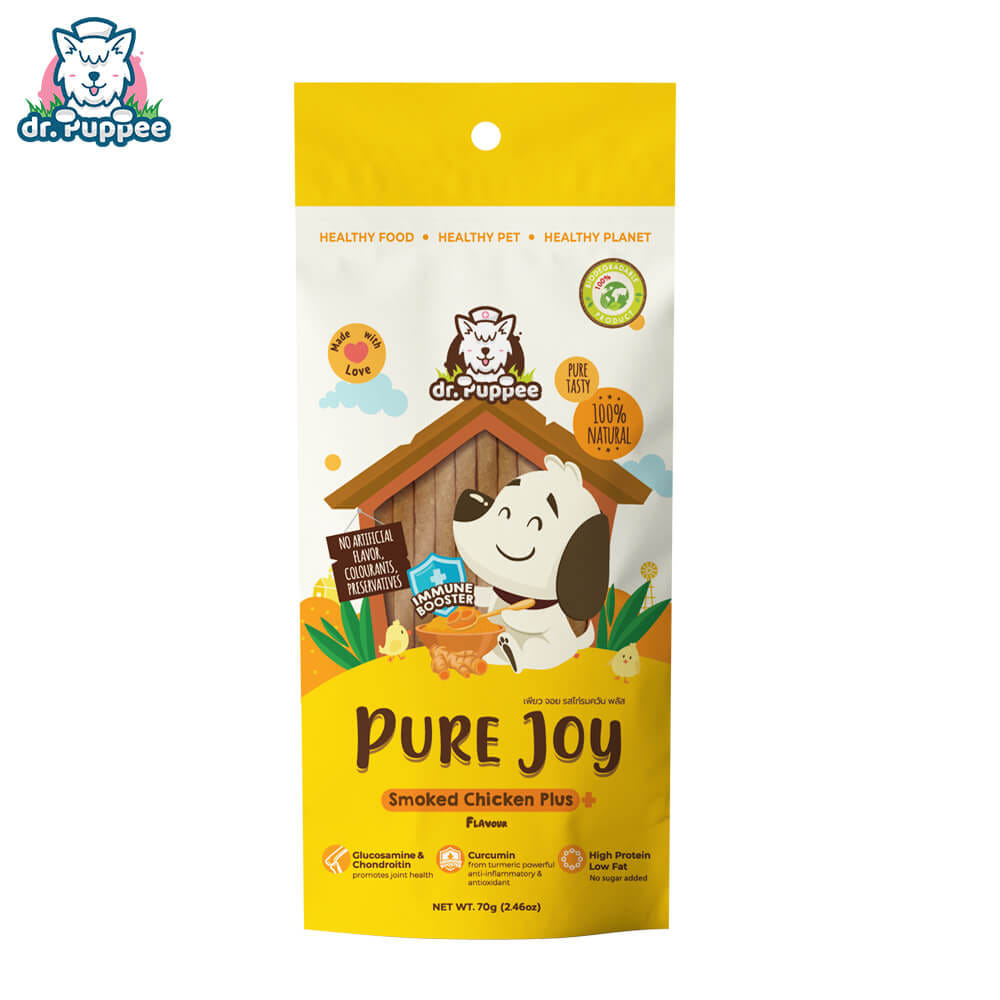 ขนมสุนัขเพื่อสุขภาพ PURE JOY DOG SMOKED CHICKEN PLUS+ สูตรไก่รมควันพลัส+ขมิ้นชัน (70G)