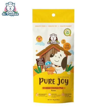 ขนมสุนัขเพื่อสุขภาพ PURE JOY DOG SMOKED CHICKEN PLUS+ สูตรไก่รมควันพลัส+ขมิ้นชัน (70G)