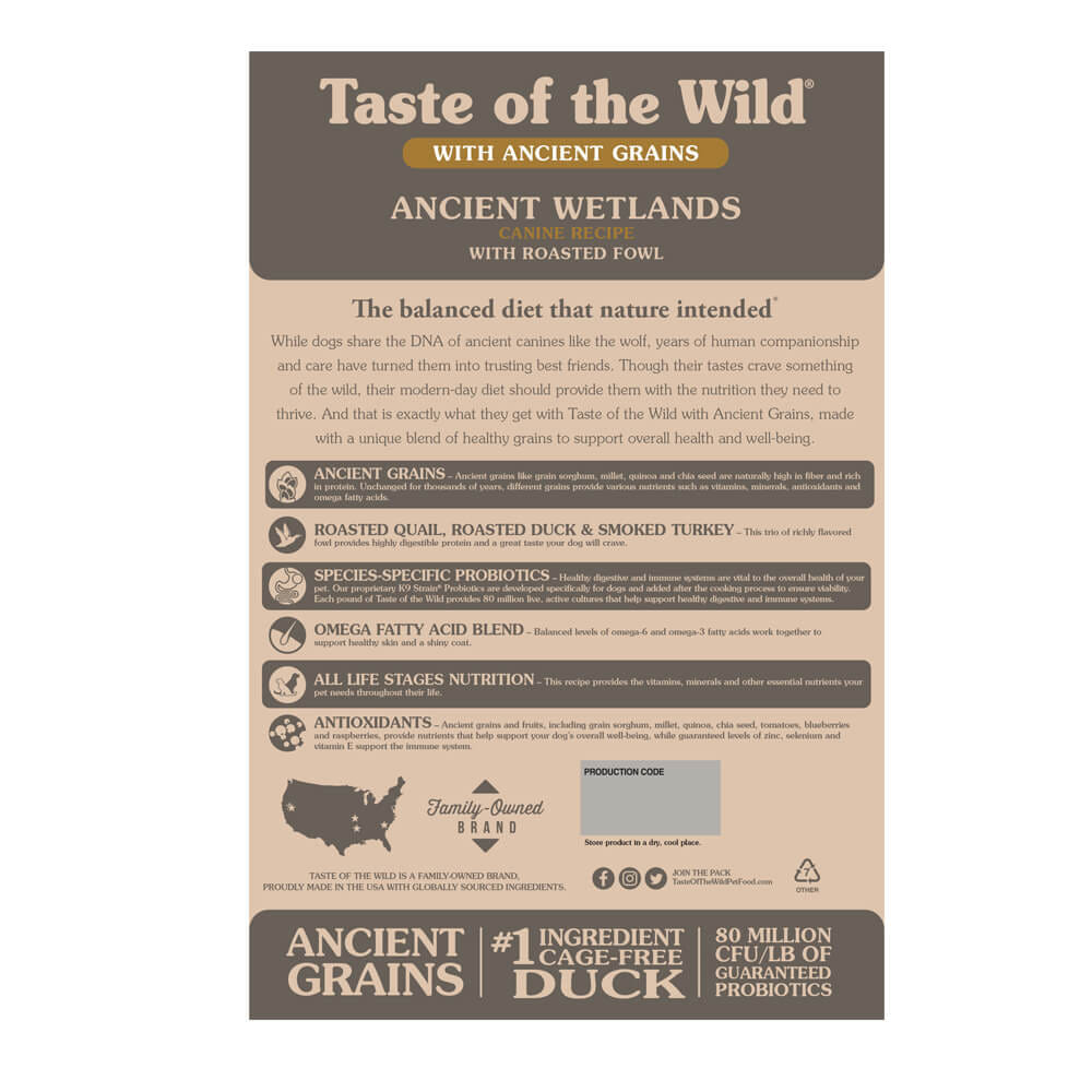 อาหารสุนัข TASTE OF THE WILD ANCIENT WETLANDS สูตรนกกระทาย่าง เป็ดย่าง ไก่งวงรมควัน กับธัญพืชโบราณ (680กรัมX2)_2