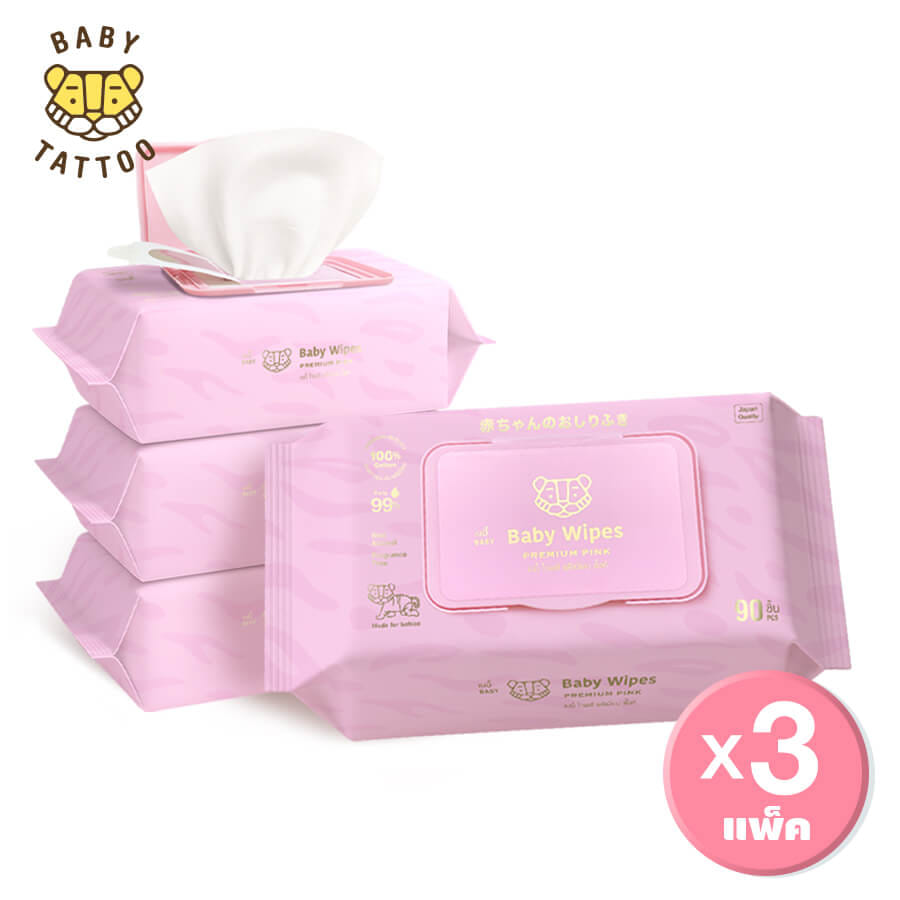 ทิชชู่เปียกผ้าแคชเมียร์ BABY TATTOO พรีเมียม 90 แผ่น 3 แพ็ค