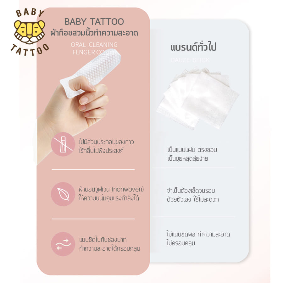 ผ้าก๊อซแบบสวมนิ้ว BABY TATTOO สำหรับเด็ก 0-8 เดือนขึ้นไป 3 กล่อง