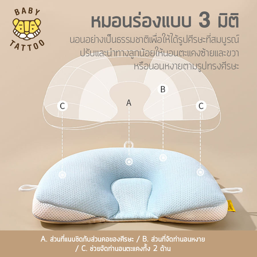 หมอนรองศีรษะทารก ปรับรูปทรงได้ 3 ด้าน BABY TATTOO สีฟ้า