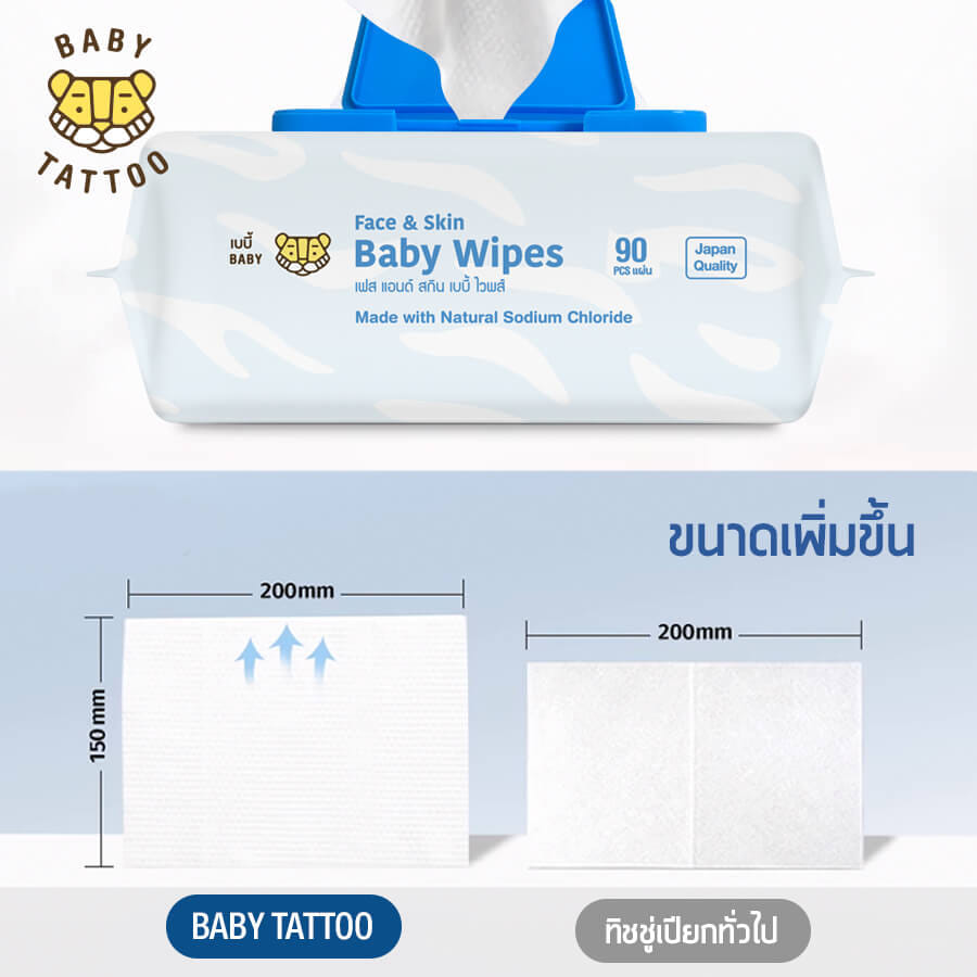 ทิชชู่เปียกสูตรน้ำเกลือ BABY TATTOO  90 แผ่น 1 แพ็ค