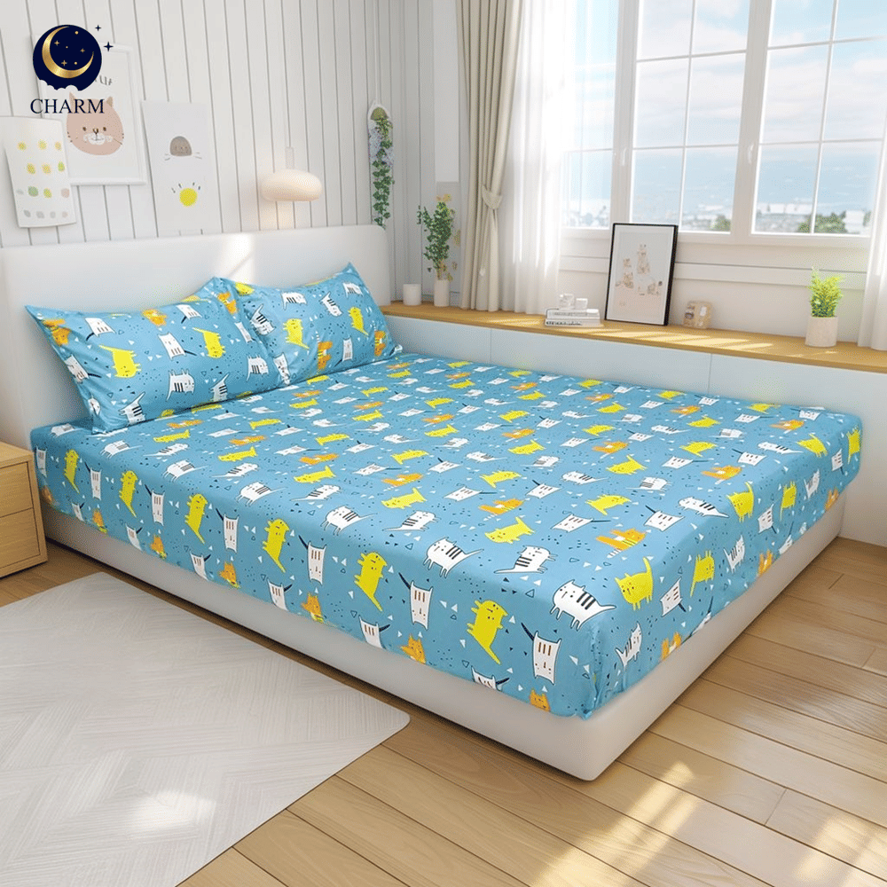ชุดผ้าปูที่นอน 6 ฟุต 3 ชิ้น ไม่รวมผ้านวม CHARM คอลเลคชั่น DREAMY ลาย CAT JOY