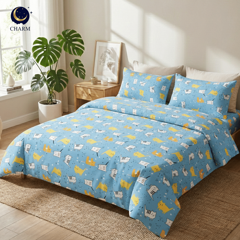 ชุดผ้าปูที่นอน 5 ฟุต 4 ชิ้น CHARM คอลเลคชั่น DREAMY ลาย CAT JOY_2