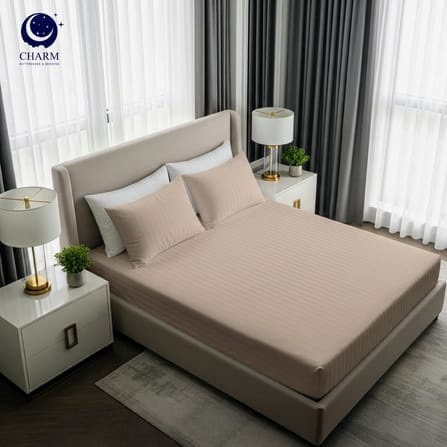 ผ้าปูที่นอน CHARM ผ้าซาตินลายริ้ว สีเบจ ขนาด 3.5 ฟุต_1