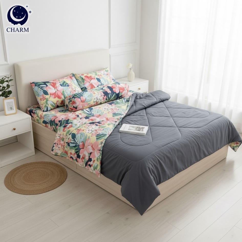 ชุดผ้าปูที่นอน 6 ฟุต 11 ชิ้น CHARM TWO-TONE สีเทา + ชุดผ้าปูที่นอนลายดอกไม้ FLORAL (2 ชุด)_0