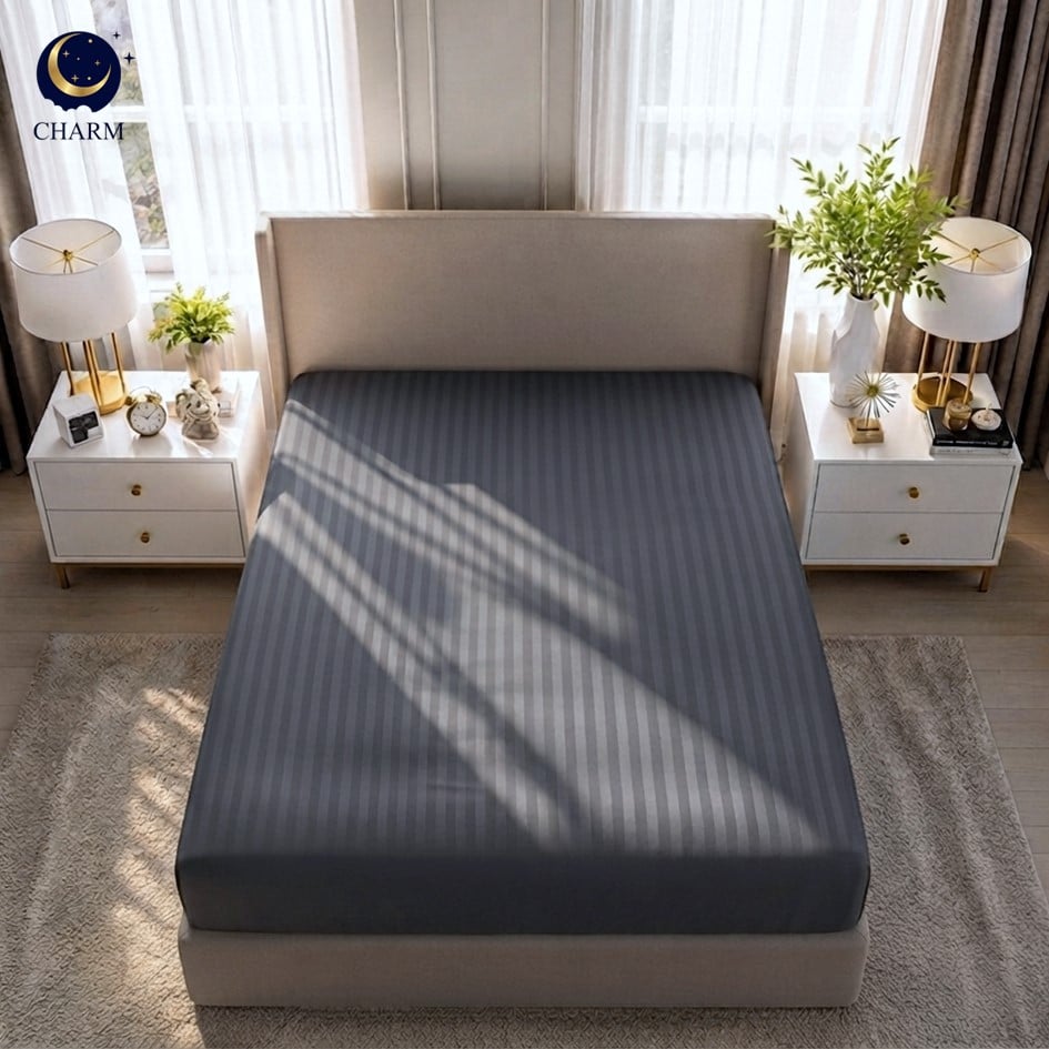 ผ้าปูที่นอน 3.5 ฟุต CHARM ผ้าซาตินลายริ้ว สีเทาชาร์โคล_0