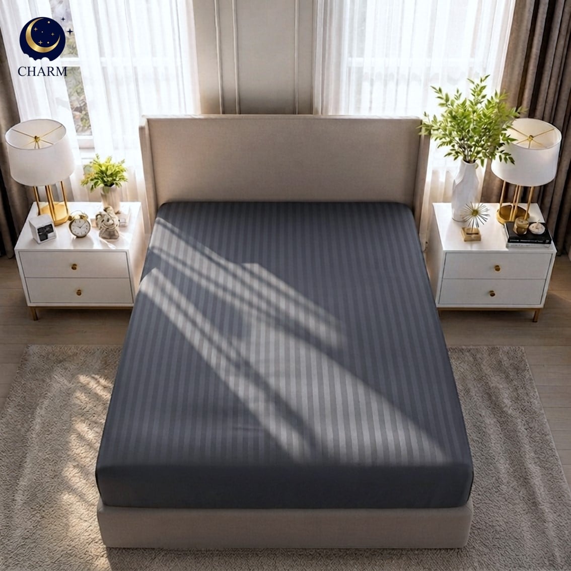 ผ้าปูที่นอน 6 ฟุต CHARM ผ้าซาตินลายริ้ว สีเทาชาร์โคล_1