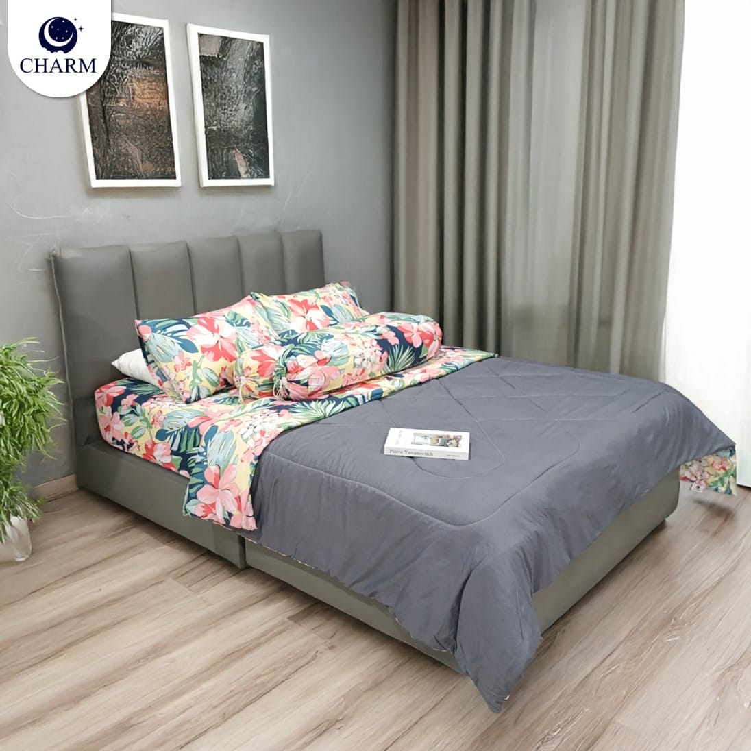 ชุดผ้าปูที่นอน 6 ฟุต 11 ชิ้น CHARM TWO-TONE สีเทา + ชุดผ้าปูที่นอนลายดอกไม้ FLORAL (2 ชุด)_3