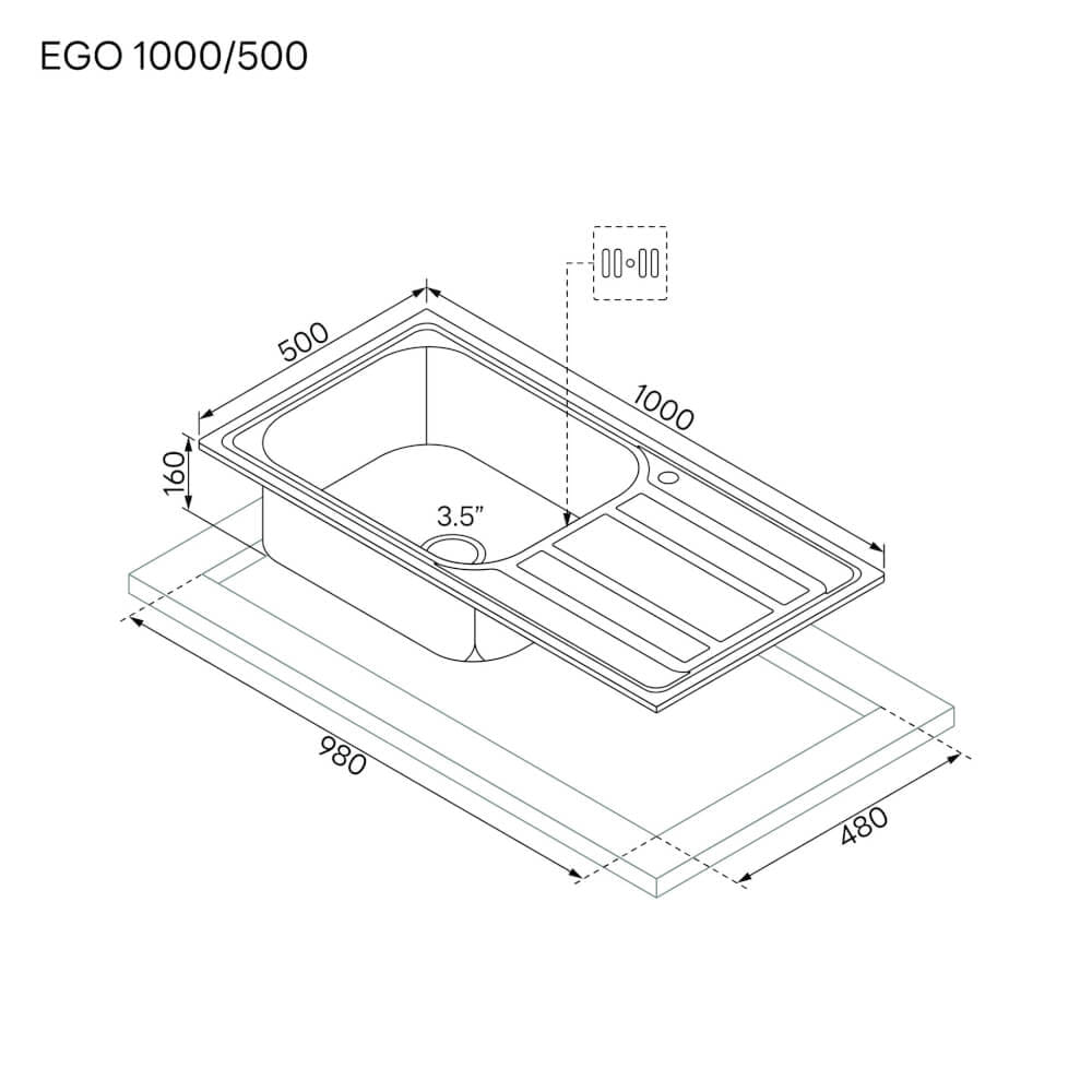 ซิงค์ล้างจานสแตนเลส 1 หลุม มีที่พัก EVE EGO 1000/500 ขนาด 100 เซนติเมตร