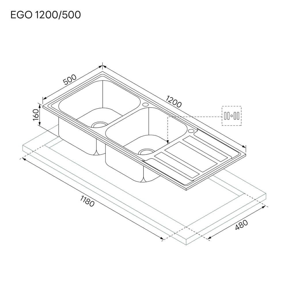 ซิงค์ล้างจานสแตนเลส 2 หลุม มีที่พักจาน EVE EGO 1200/500 ขนาด 120 เซนติเมตร