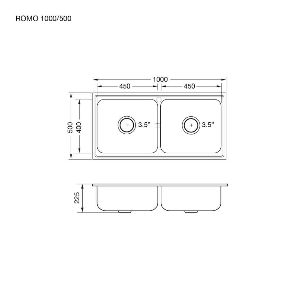 ซิงค์ล้างจาน 2 หลุม สแตนเลส  EVE ROMO 1000/500 ขนาด 1 ม.