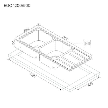 ซิงค์ล้างจานสแตนเลส 2 หลุม มีที่พักจาน EVE EGO 1200/500 ขนาด 120 เซนติเมตร_2