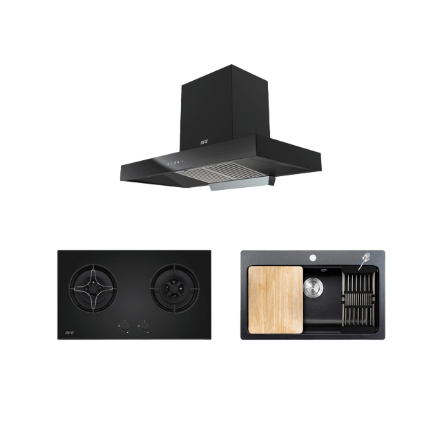 ชุดเซ็ทเครื่องดูดควันติดผนัง EVE HC-LOFTBOX-90 ขนาด 90 ซม. + เตาแก๊ส 2 หัว HB78-2BCC/BG + อ่างล้างจานหินแกรนิต ANDES 760/480 สีดำ_0