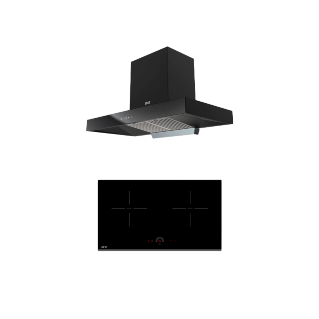 ชุดเซต เตาฝังแม่เหล็กไฟฟ้า 2 หัว + เครื่องดูดควันติดผนัง EVE รุ่น HB73-2CROSS/TC + HC-LOFTBOX-90 ขนาด 90 ซม. สีดำ_0