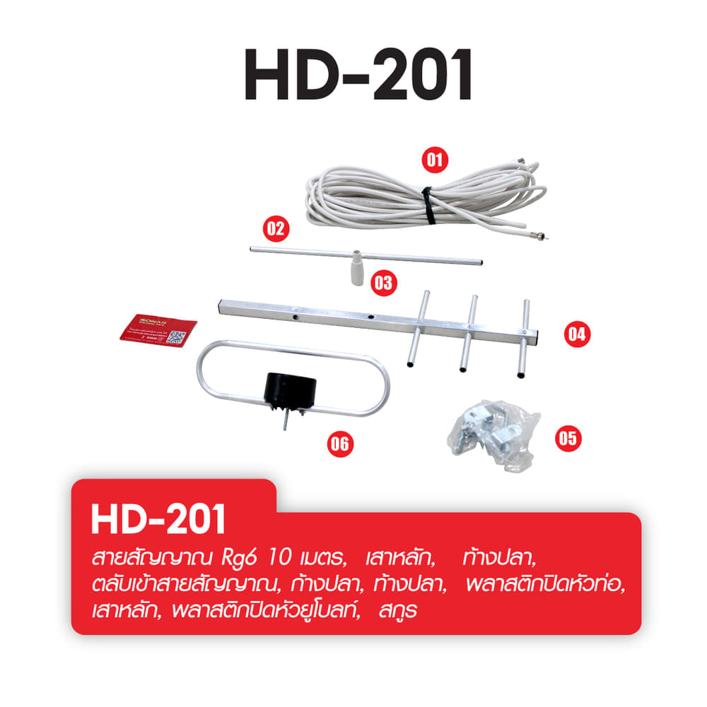  เสาอากาศดิจิตอลทีวี ติดตั้งภายนอก พร้อมสายและอุปกรณ์ติดตั้ง SONAR รุ่น HD-201 