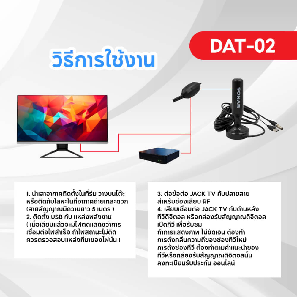 เสาทีวีดิจิตอล เสาอากาศ ดิจิตอลทีวี ภายในบ้าน ติดตั้งง่าย SONAR รุ่น DAT-02_5