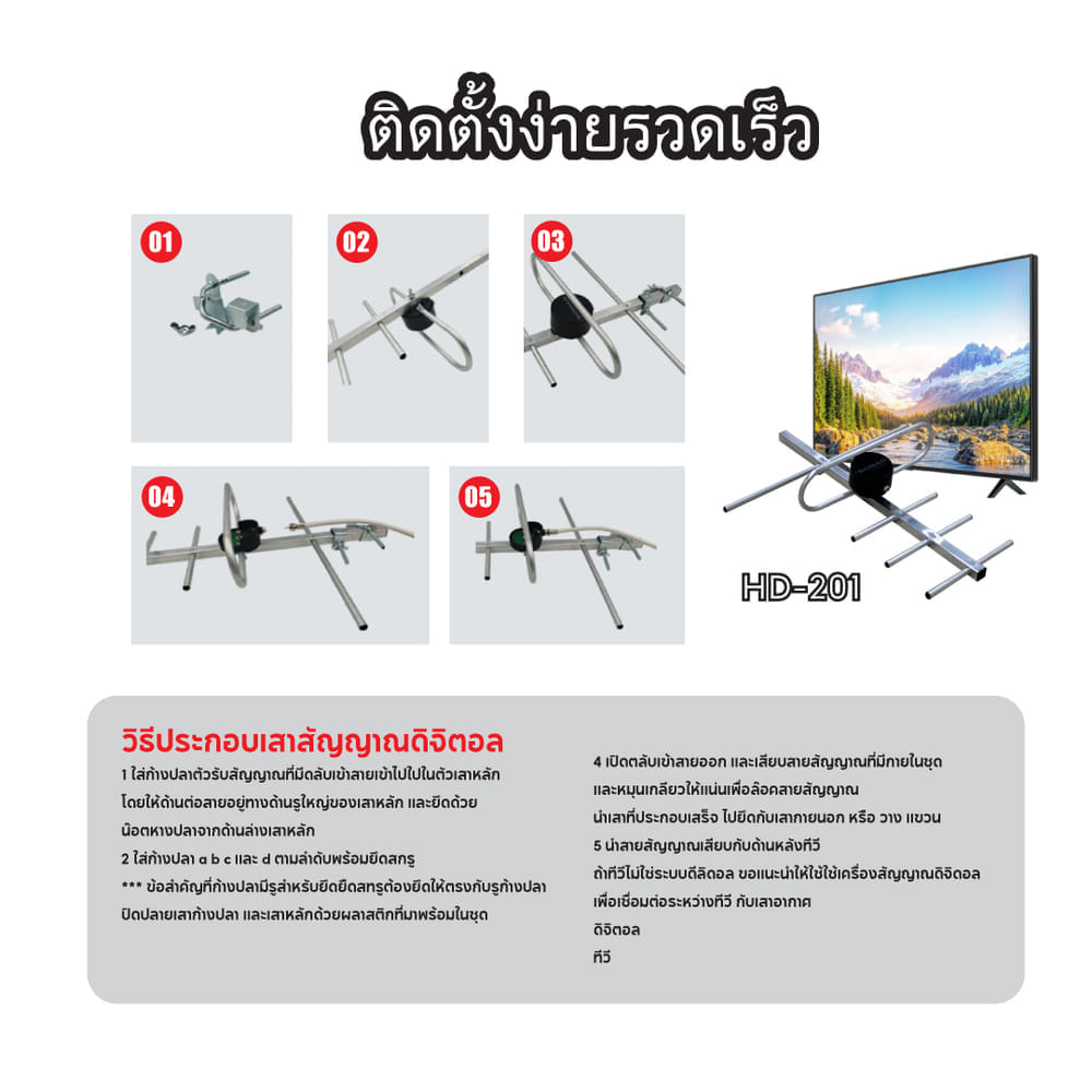  เสาอากาศดิจิตอลทีวี ติดตั้งภายนอก พร้อมสายและอุปกรณ์ติดตั้ง SONAR รุ่น HD-201 
