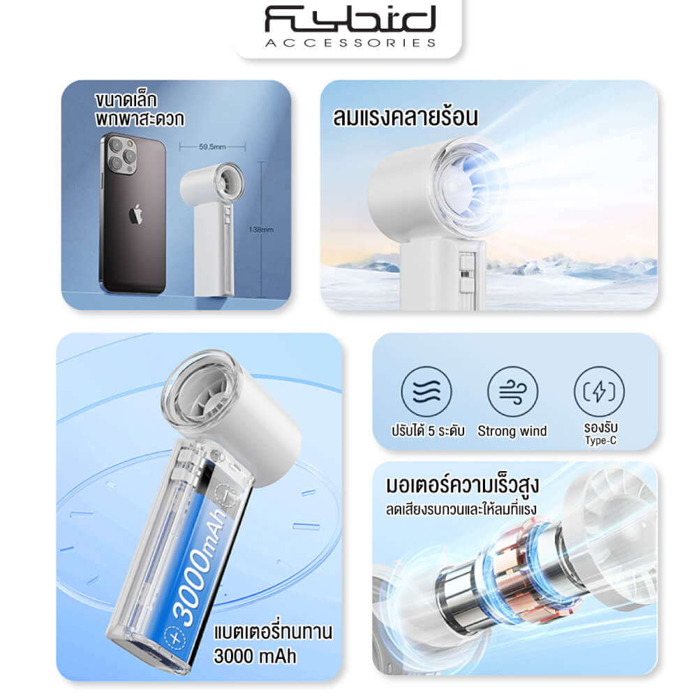 พัดลมพกพา SONAR FLYBIRD รุ่น RD08 แบตเตอรี่ 3000MAH ลมแรง 5 สปีด สีขาว_6