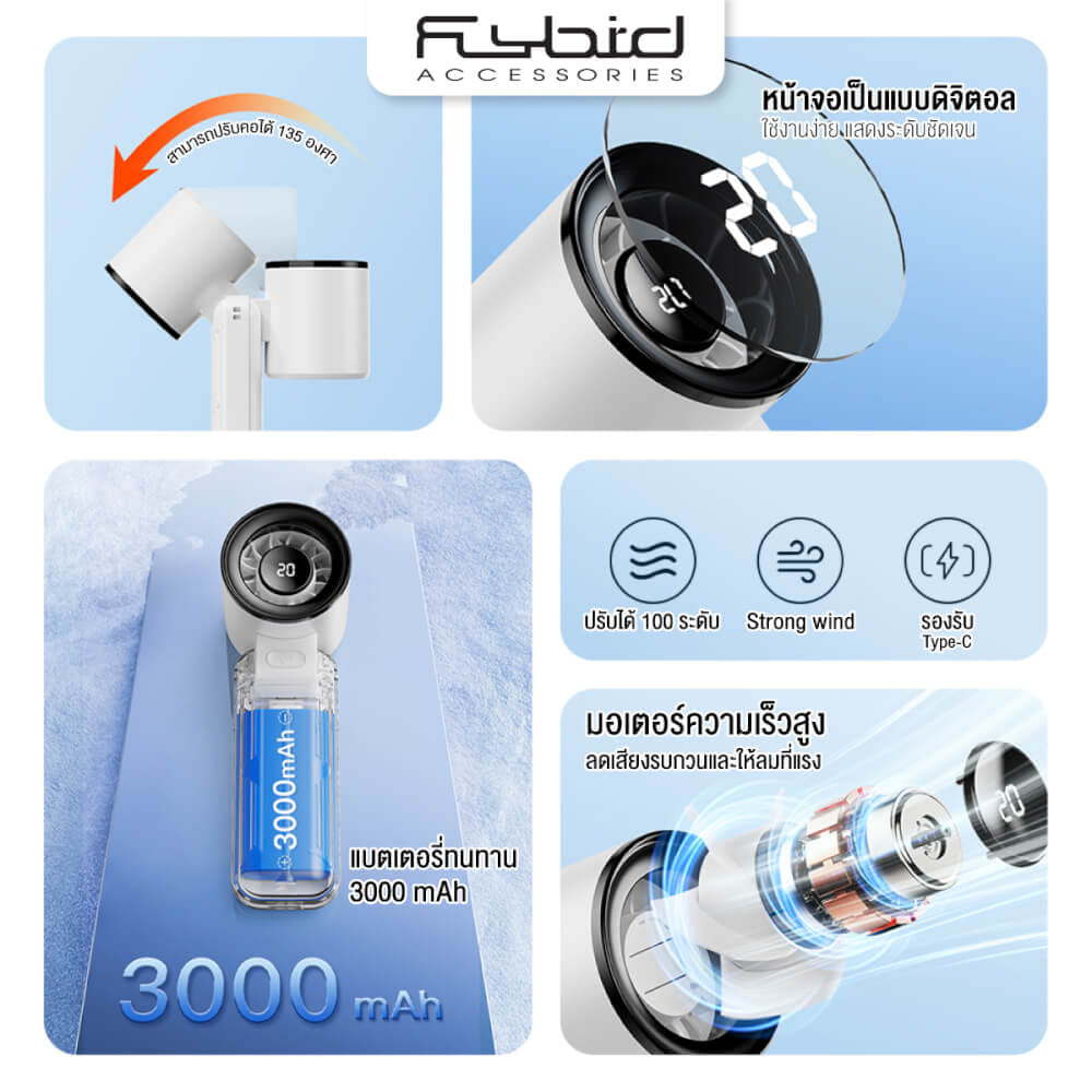 พัดลมพกพา SONAR FLYBIRD รุ่น RD18 แบตเตอรี่ 3000MAH ลมแรง 5 สปีด สีม่วง_10