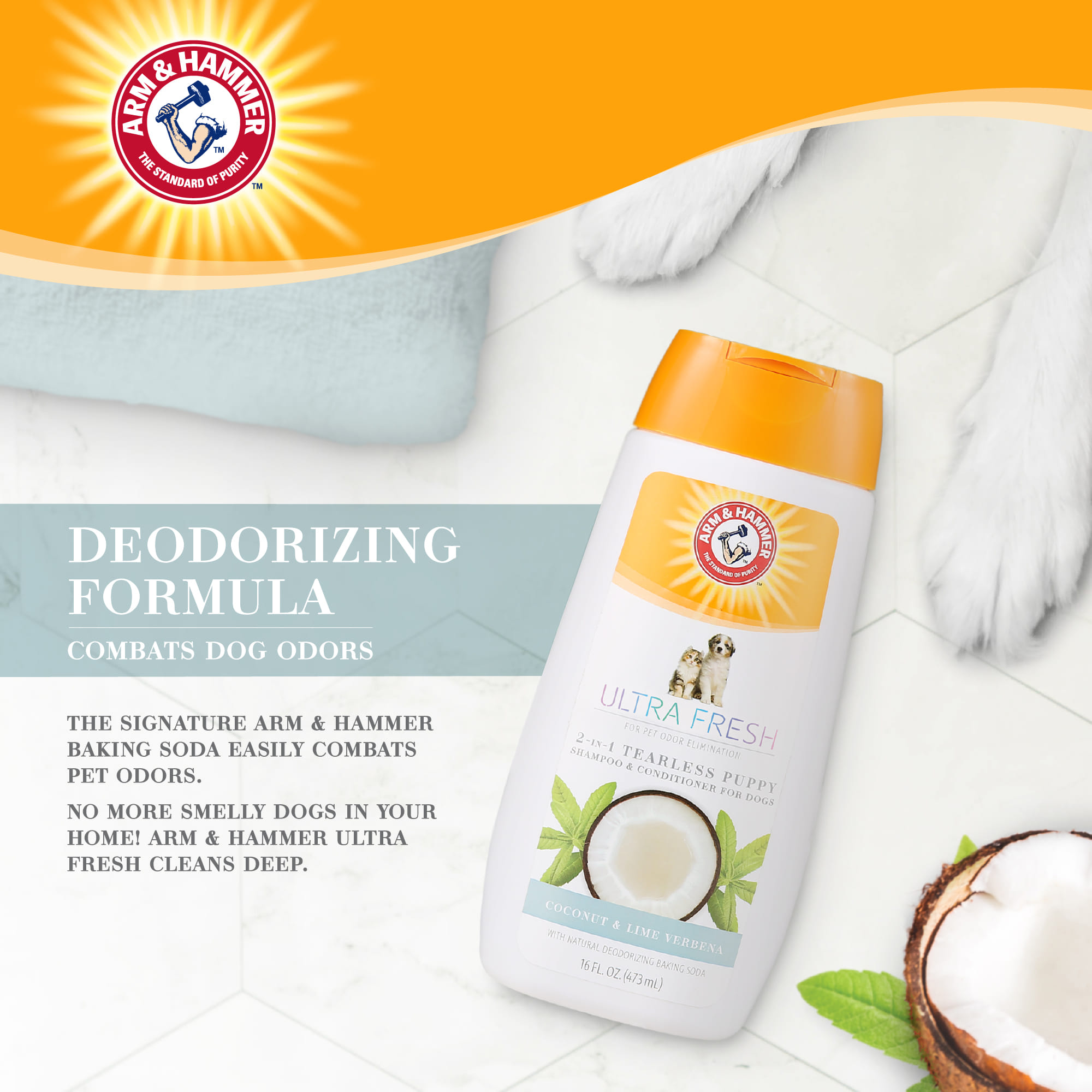 แชมพูสำหรับลูกสุนัข ARM AND HAMMER ULTRA FRESH 2 IN 1 DETANGLING สูตรผสมครีมนวด กลิ่นมะพร้าว ไลม์ และดอกเวอร์บีนา 473 มล._4