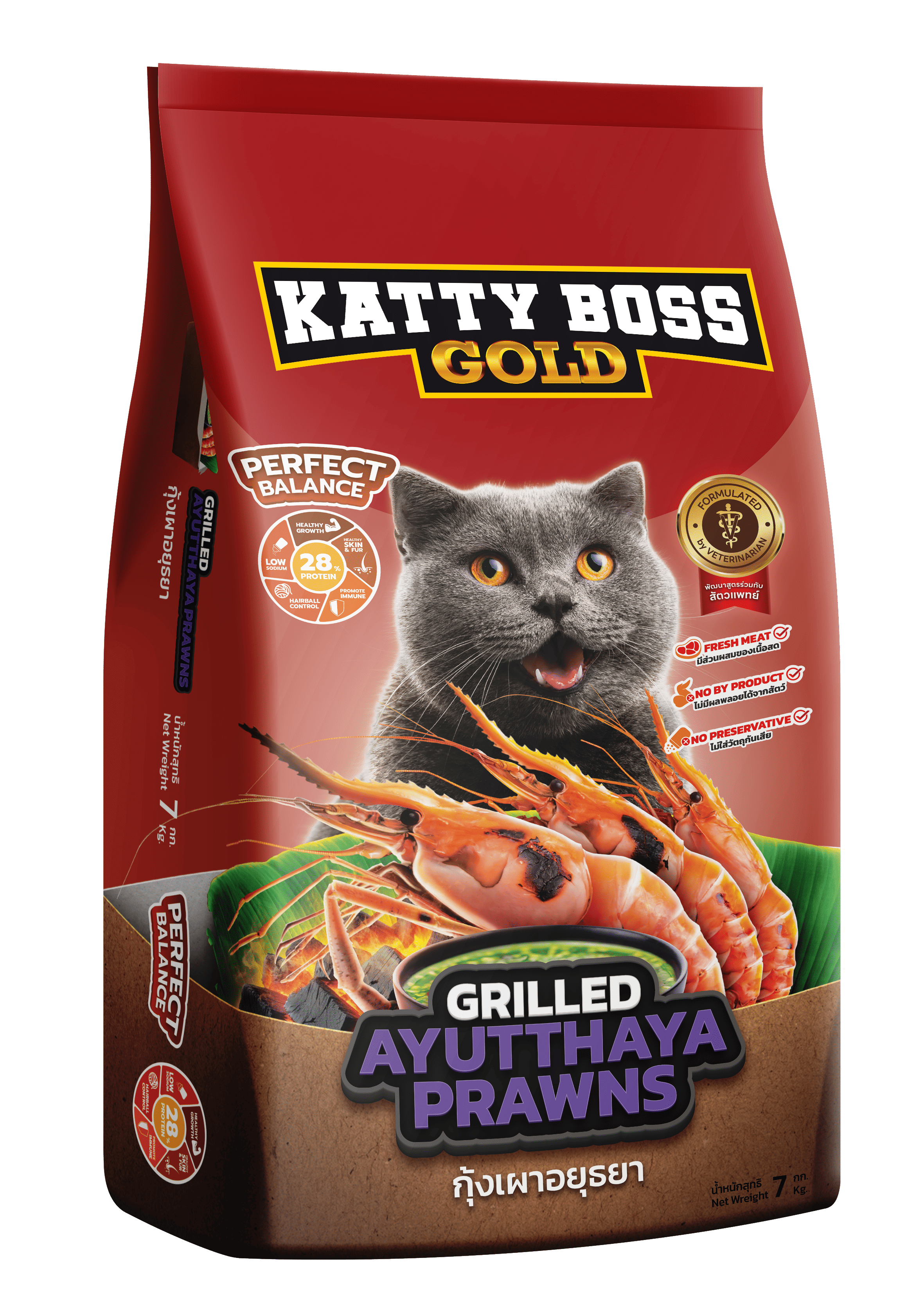 อาหารแมว KATTY BOSS GOLD สไตล์สตรีตฟูด รสกุ้งเผาอยุธยา 7 กก._0
