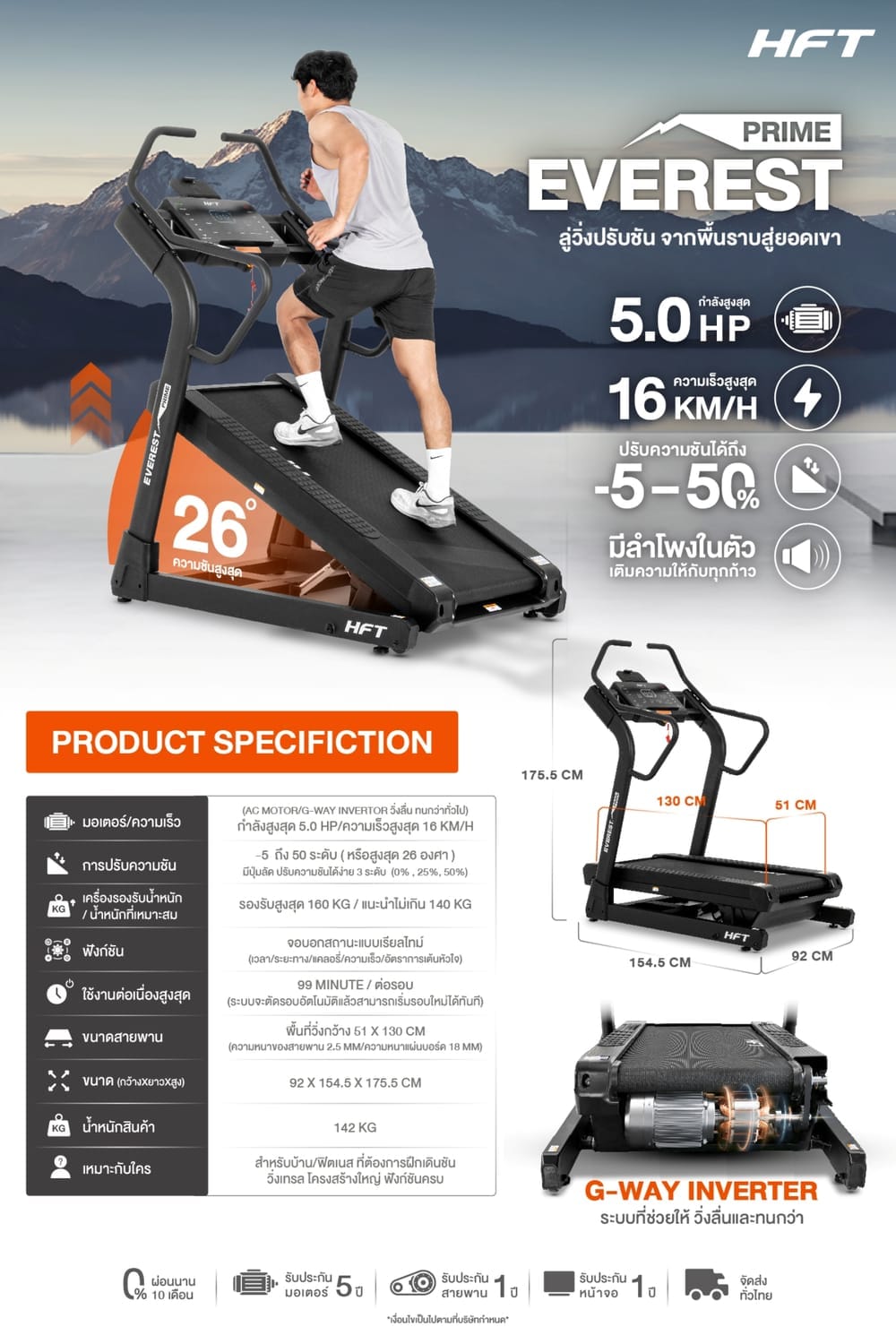 [PRE-ORDER] ลู่วิ่งไฟฟ้า HOMEFITTOOLS DC 5.0 HP รุ่น EVEREST INCLINE PRIME