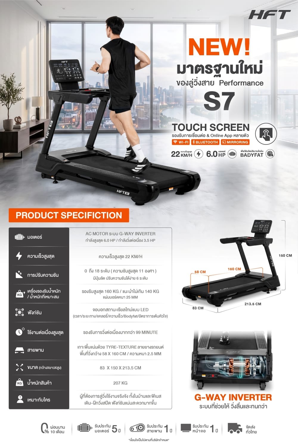 ลู่วิ่งไฟฟ้าปรับชัน HOMEFITTOOLS COMMERCIAL DC 6.0 HP รุ่น S7
