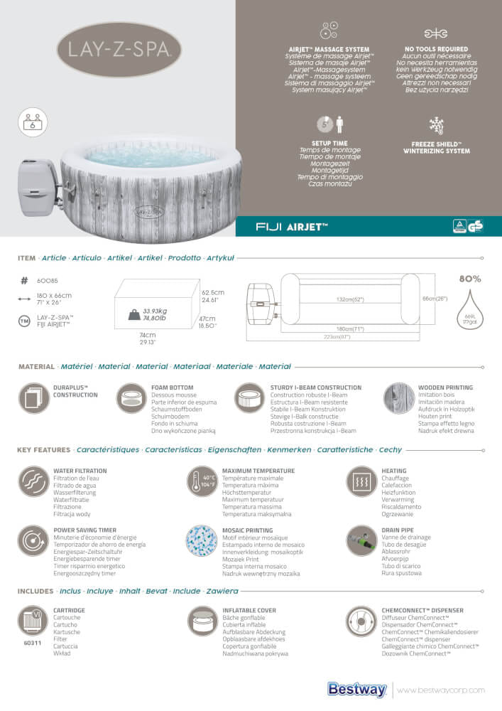 สปาเป่าลม Lay-Z-Spa&reg; Bestway Fiji AirJet ขนาด 1.80m x 1.80m x 66cm