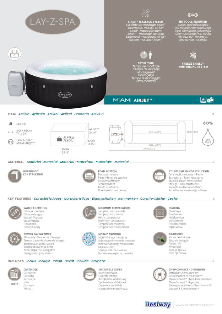 สปาเป่าลม Lay-Z-Spa&reg; Bestway Miami AirJet ขนาด 1.80m x 1.80m x 66cm