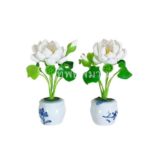 ชุดแจกันดอกบัวหลวงสีขาว Tippimaan งานแฮนด์เมดดอกบัวดินญี่ปุ่นปั้น 1คู่/ชุด_4