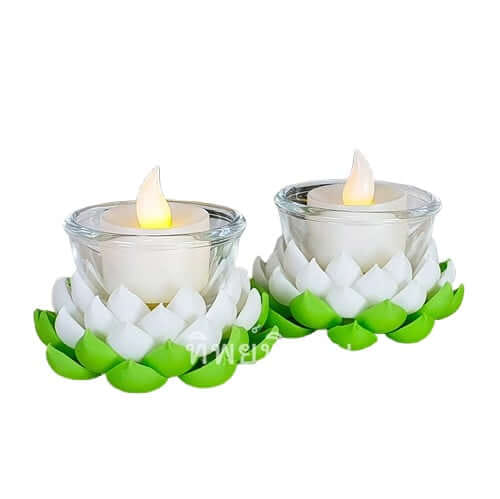 เชิงเทียนดอกบัวLED Tippimaan ดอกบัวดินปั้น สีขาว เทียนLED 1คู่_4