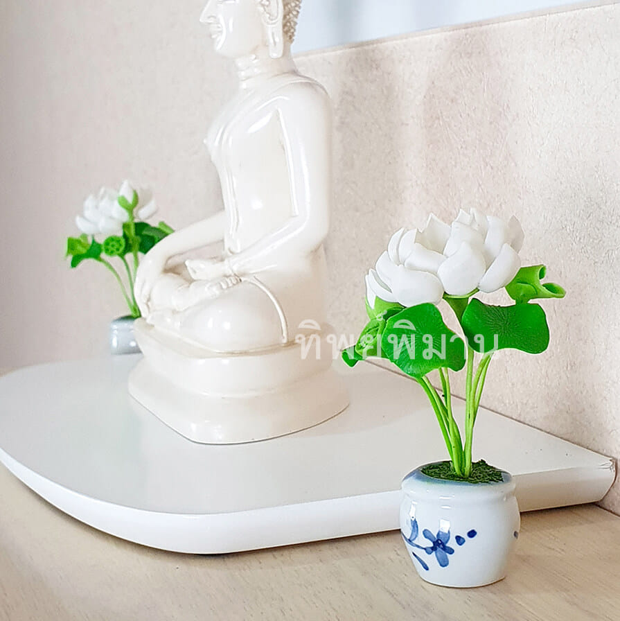 ชุดแจกันดอกบัวหลวงสีขาว Tippimaan งานแฮนด์เมดดอกบัวดินญี่ปุ่นปั้น 1คู่/ชุด