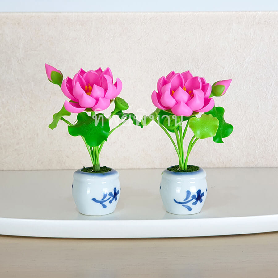 ชุดแจกันดอกบัวหลวงสีชมพู Tippimaan งานแฮนด์เมดดอกบัวดินญี่ปุ่นปั้น 1คู่/ชุด