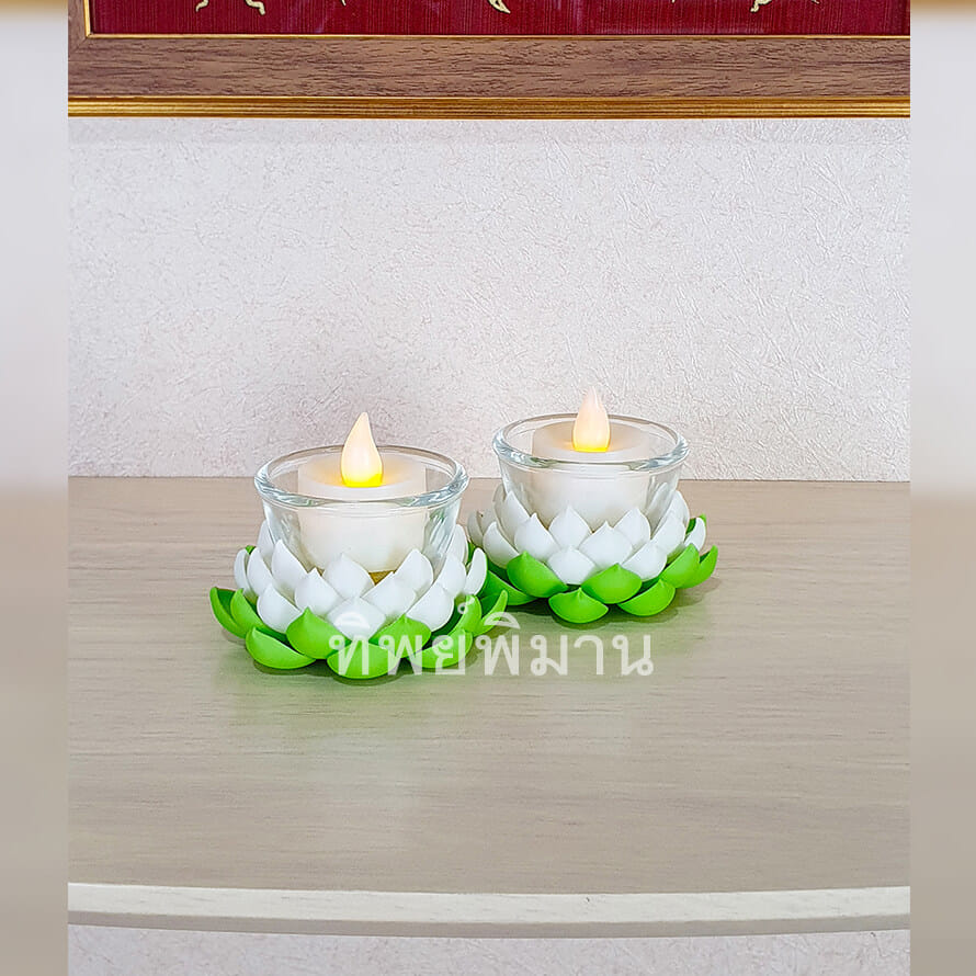 เชิงเทียนดอกบัวLED Tippimaan ดอกบัวดินปั้น สีขาว เทียนLED 1คู่