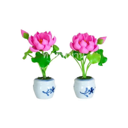 ชุดแจกันดอกบัวหลวงสีชมพู Tippimaan งานแฮนด์เมดดอกบัวดินญี่ปุ่นปั้น 1คู่/ชุด