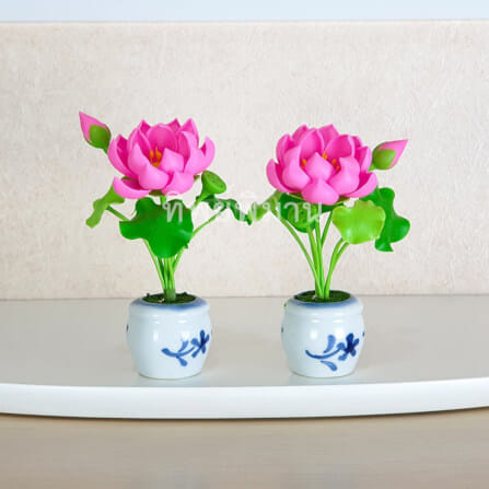 ชุดแจกันดอกบัวหลวงสีชมพู Tippimaan งานแฮนด์เมดดอกบัวดินญี่ปุ่นปั้น 1คู่/ชุด_2