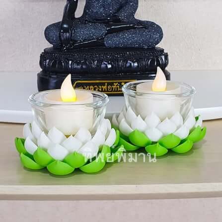 เชิงเทียนดอกบัวLED Tippimaan ดอกบัวดินปั้น สีขาว เทียนLED 1คู่_5
