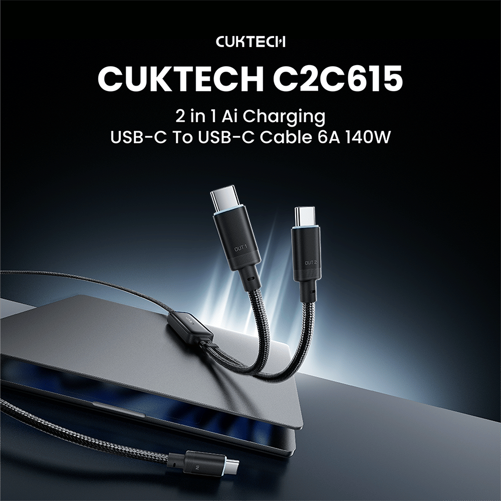 สายชาร์จเร็ว AI CUKTECH C2C615 สีดำ 6A 140W สายชาร์จ เทคโนโลยีชาร์จเร็ว PD 3.2 (AVS) PPS UFCS 1/2 พอร์ต USB C