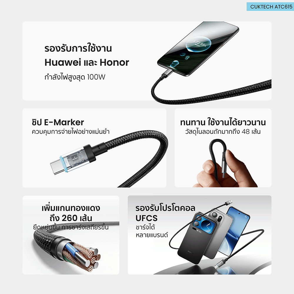 สายชาร์จเร็ว CUKTECH ATC615 สีดำ 6A 100W USB A TO C สายชาร์จ HUAWEI , HONOR ไนลอนถัก ชาร์จเร็ว ความยาว 1.5 เมตร