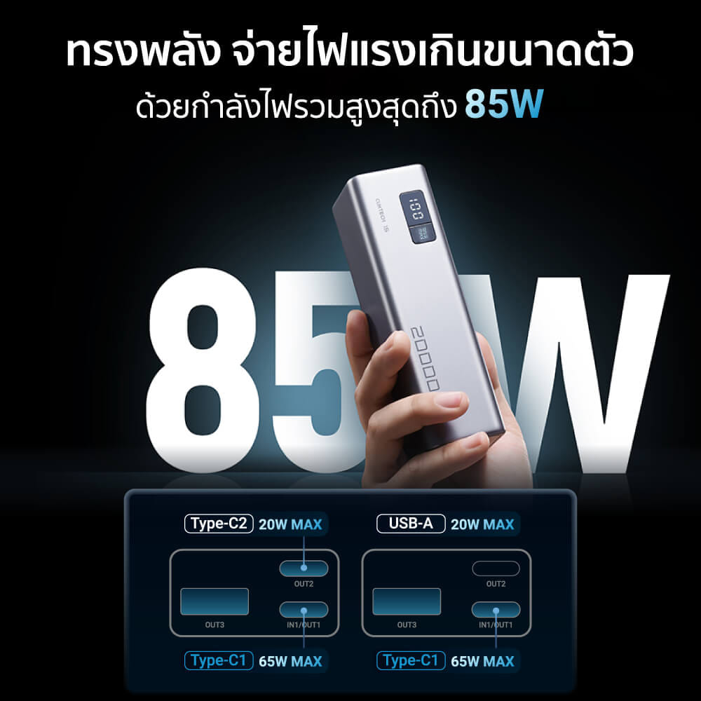 แบตเตอรี่สำรอง CUKTECH PB200 20000 MAH CCC สีเทา จ่ายไฟรวมสูงสุด 85W_3
